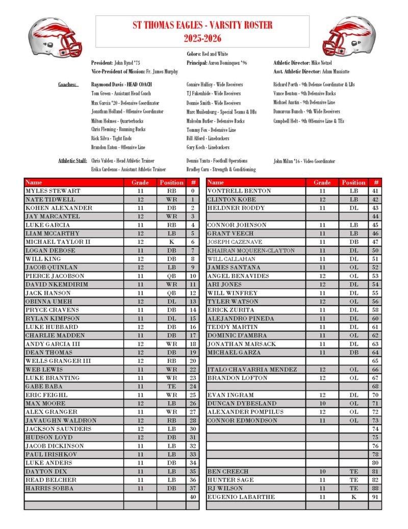 High School Roster Football - St. Thomas High School